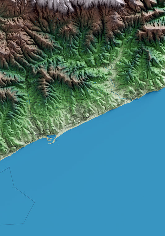 Mapa artístico del relieve de Canet de Mar, al Maresme, con 15 km de entorno y base topográfica ICGC