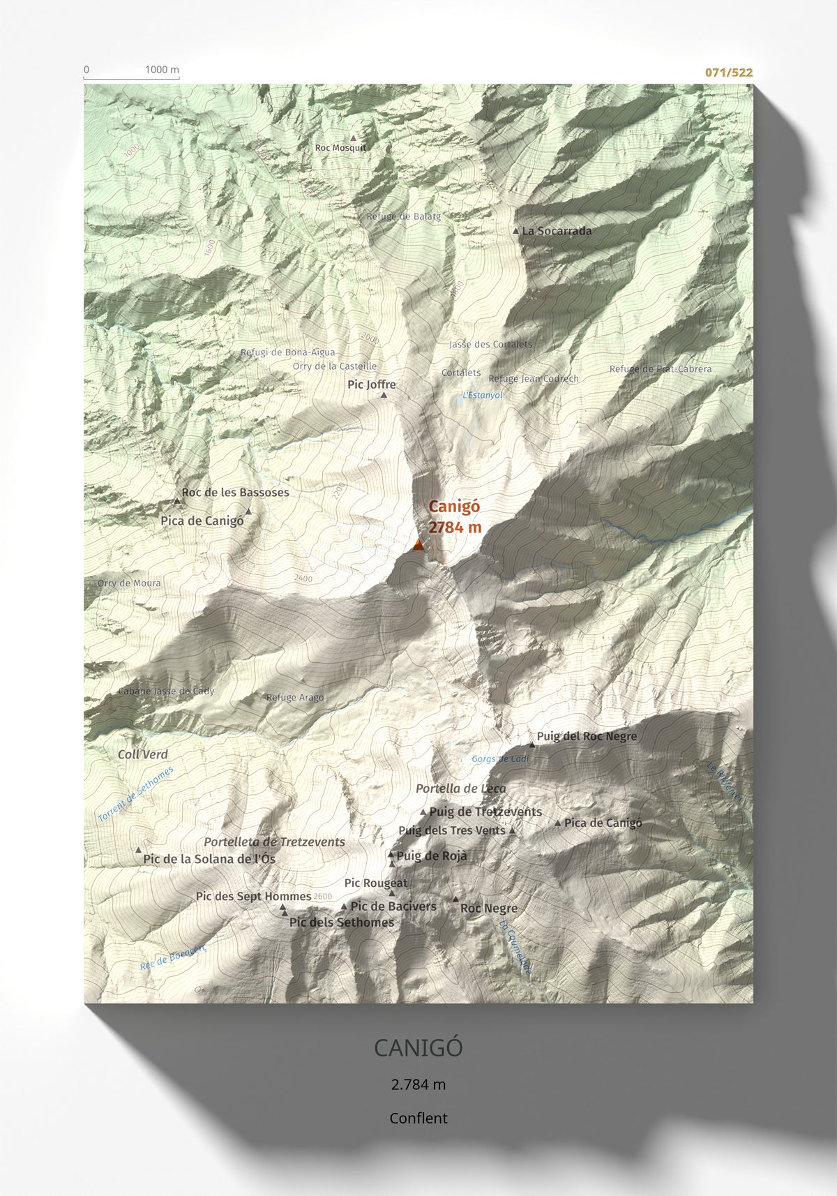 Mapa de relieve de Canigó, 2784 m, Conflent, lámina 100 Cims de Trobart 21 × 30 cm.