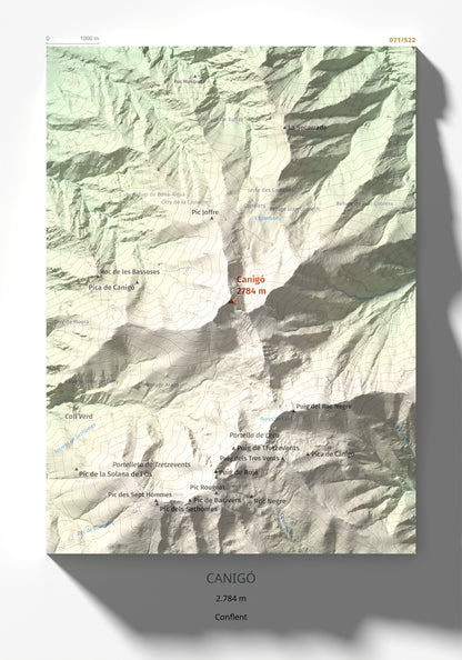 Mapa de relieve de Canigó, 2784 m, Conflent, lámina 100 Cims de Trobart 21 × 30 cm.