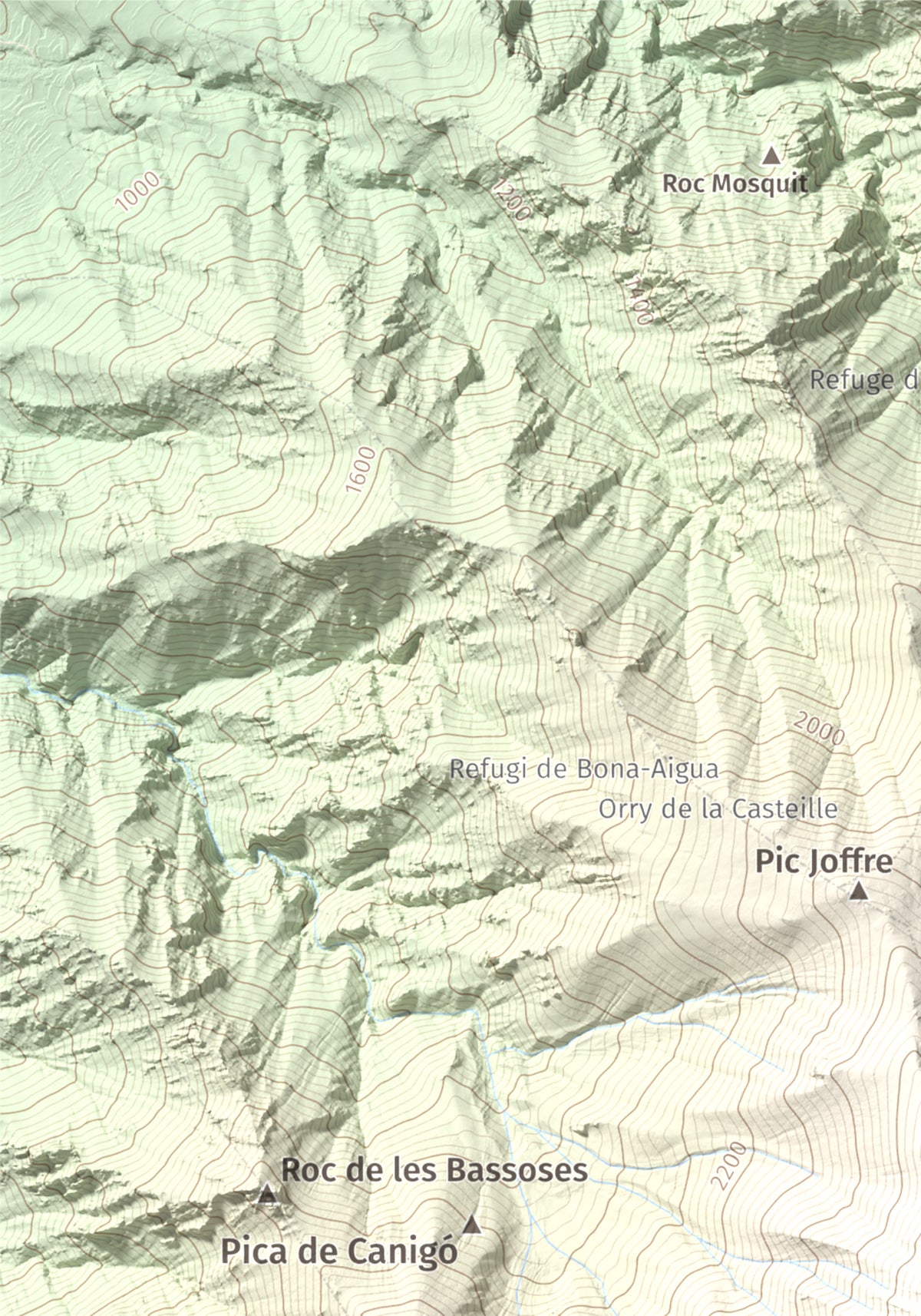 Mapa de relieve de Canigó, 2784 m, Conflent, lámina 100 Cims de Trobart. Detalle de la zona superior izquierda. 21 × 30 cm.