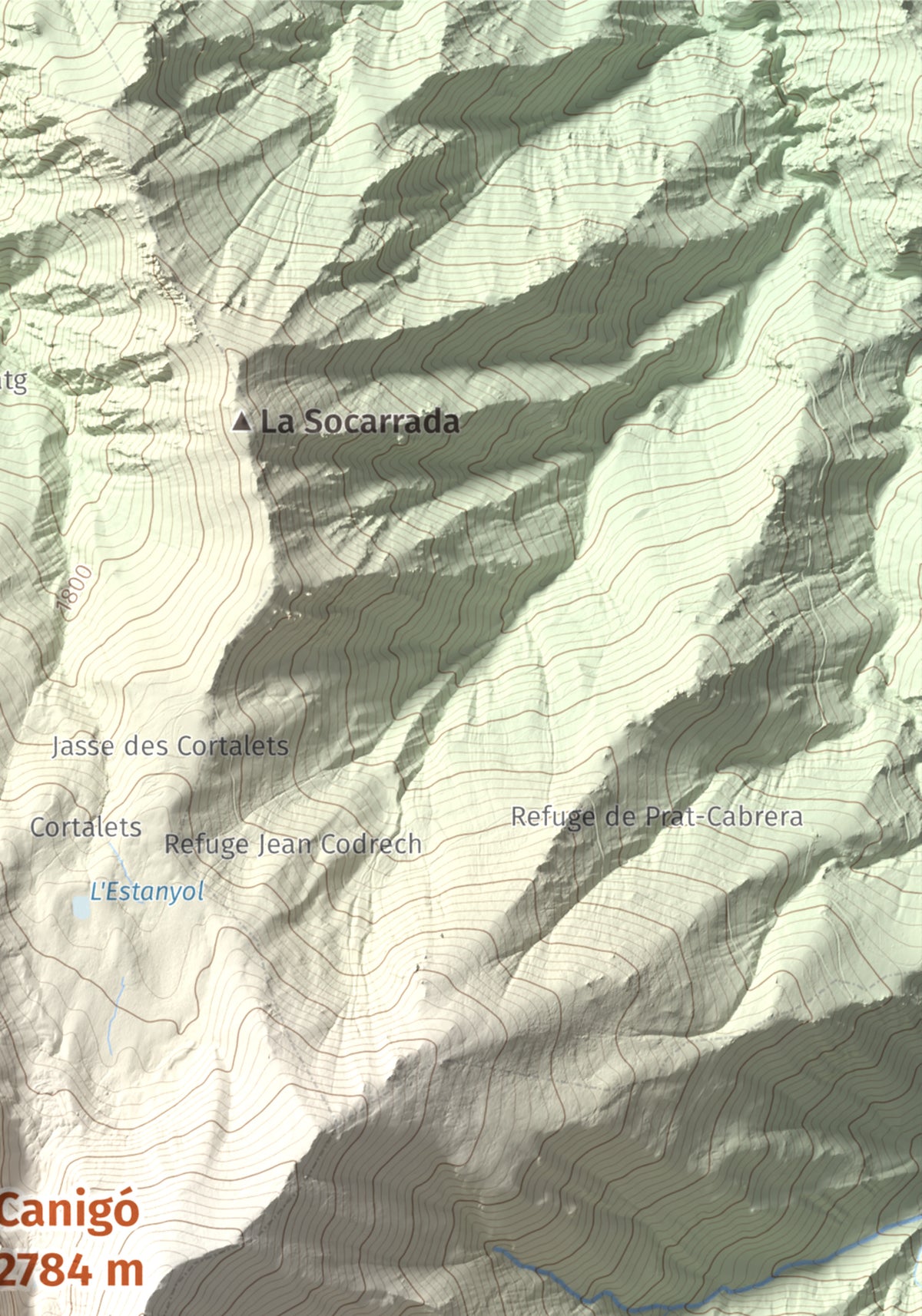 Mapa de relieve de Canigó, 2784 m, Conflent, lámina 100 Cims de Trobart. Detalle de la zona superior derecha. 21 × 30 cm.