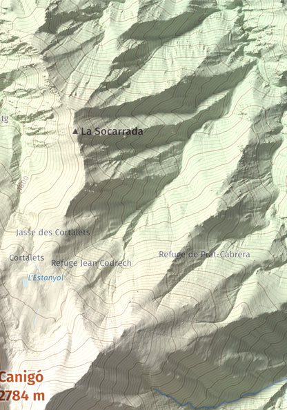 Mapa de relieve de Canigó, 2784 m, Conflent, lámina 100 Cims de Trobart. Detalle de la zona superior derecha. 21 × 30 cm.