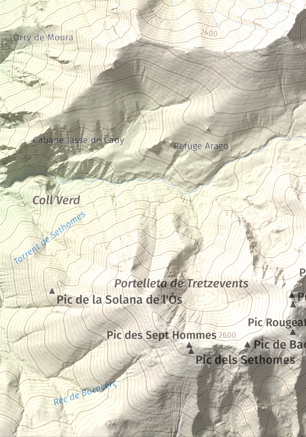 Mapa de relieve de Canigó, 2784 m, Conflent, lámina 100 Cims de Trobart. Detalle de la zona inferior izquierda. 21 × 30 cm.