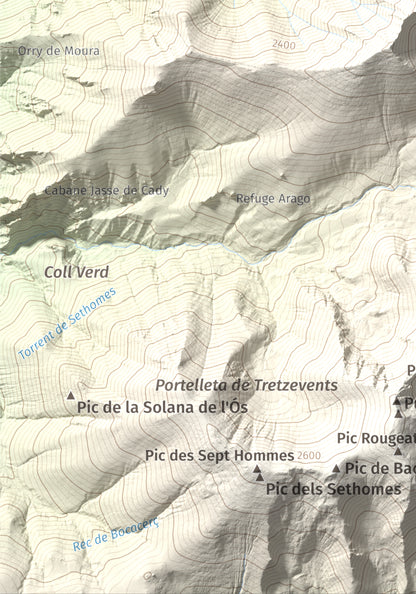 Mapa de relieve de Canigó, 2784 m, Conflent, lámina 100 Cims de Trobart. Detalle de la zona inferior izquierda. 21 × 30 cm.