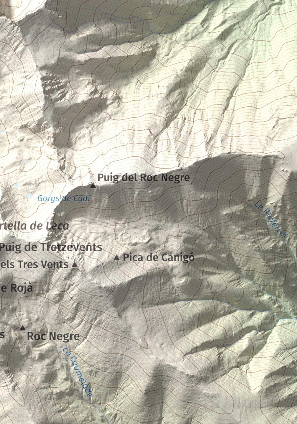 Mapa de relieve de Canigó, 2784 m, Conflent, lámina 100 Cims de Trobart. Detalle de la zona inferior derecha. 21 × 30 cm.