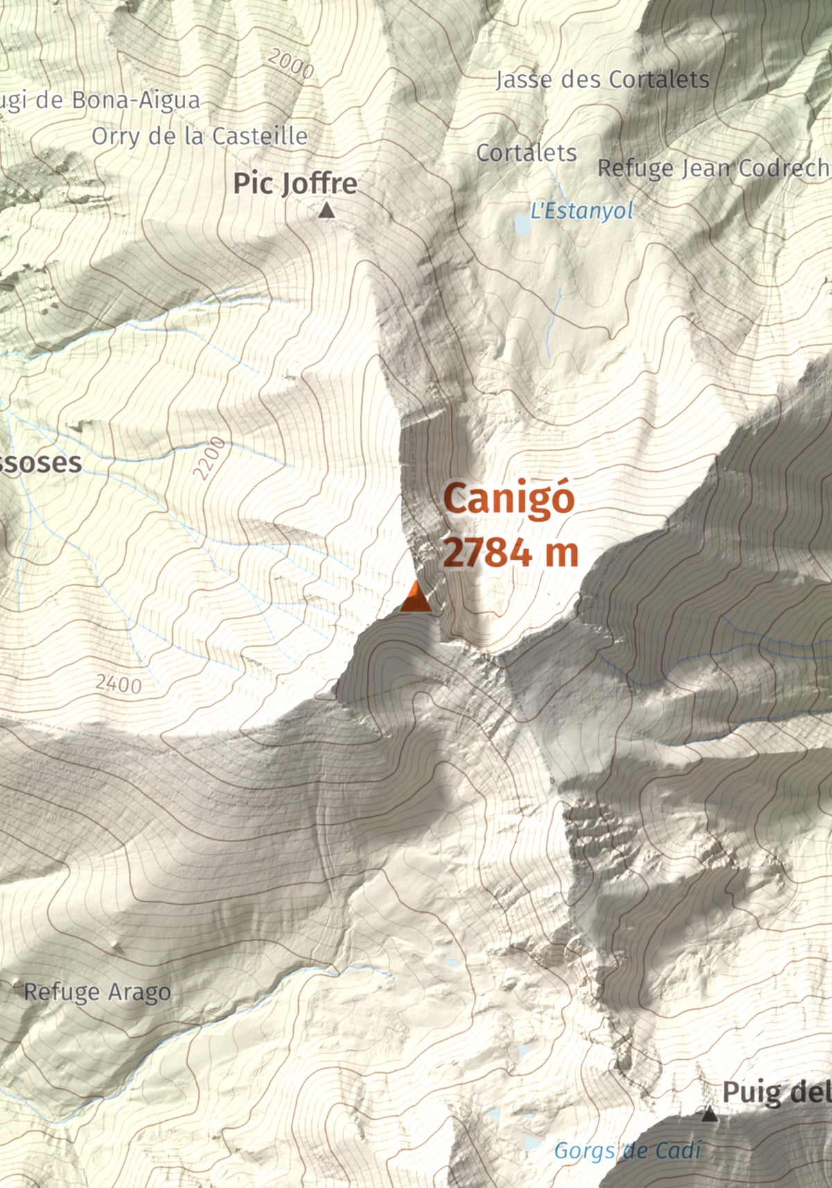 Mapa de relieve de Canigó, 2784 m, Conflent, lámina 100 Cims de Trobart. Detalle de la zona central. 21 × 30 cm.