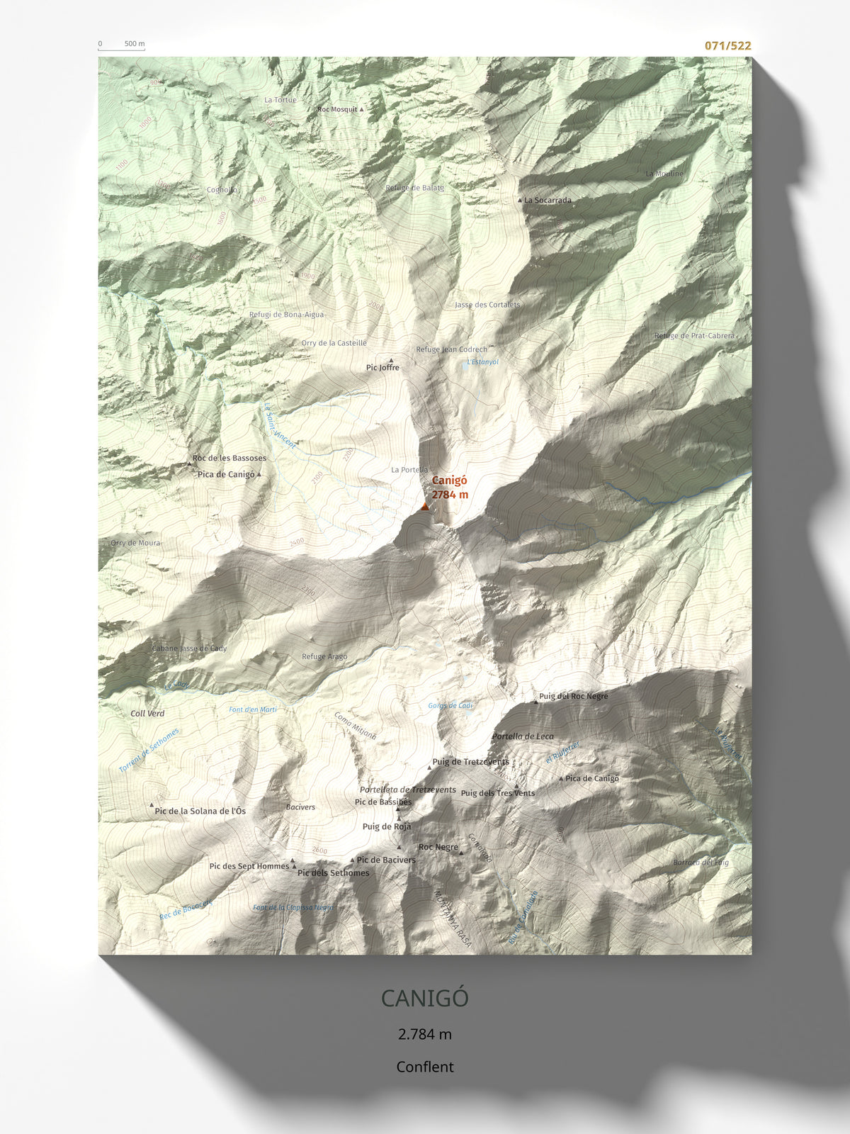 Mapa de relieve de Canigó, 2784 m, Conflent, lámina 100 Cims de Trobart 30 × 40 cm.