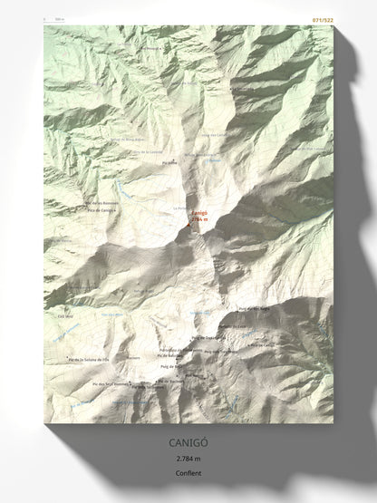 Mapa de relieve de Canigó, 2784 m, Conflent, lámina 100 Cims de Trobart 30 × 40 cm.