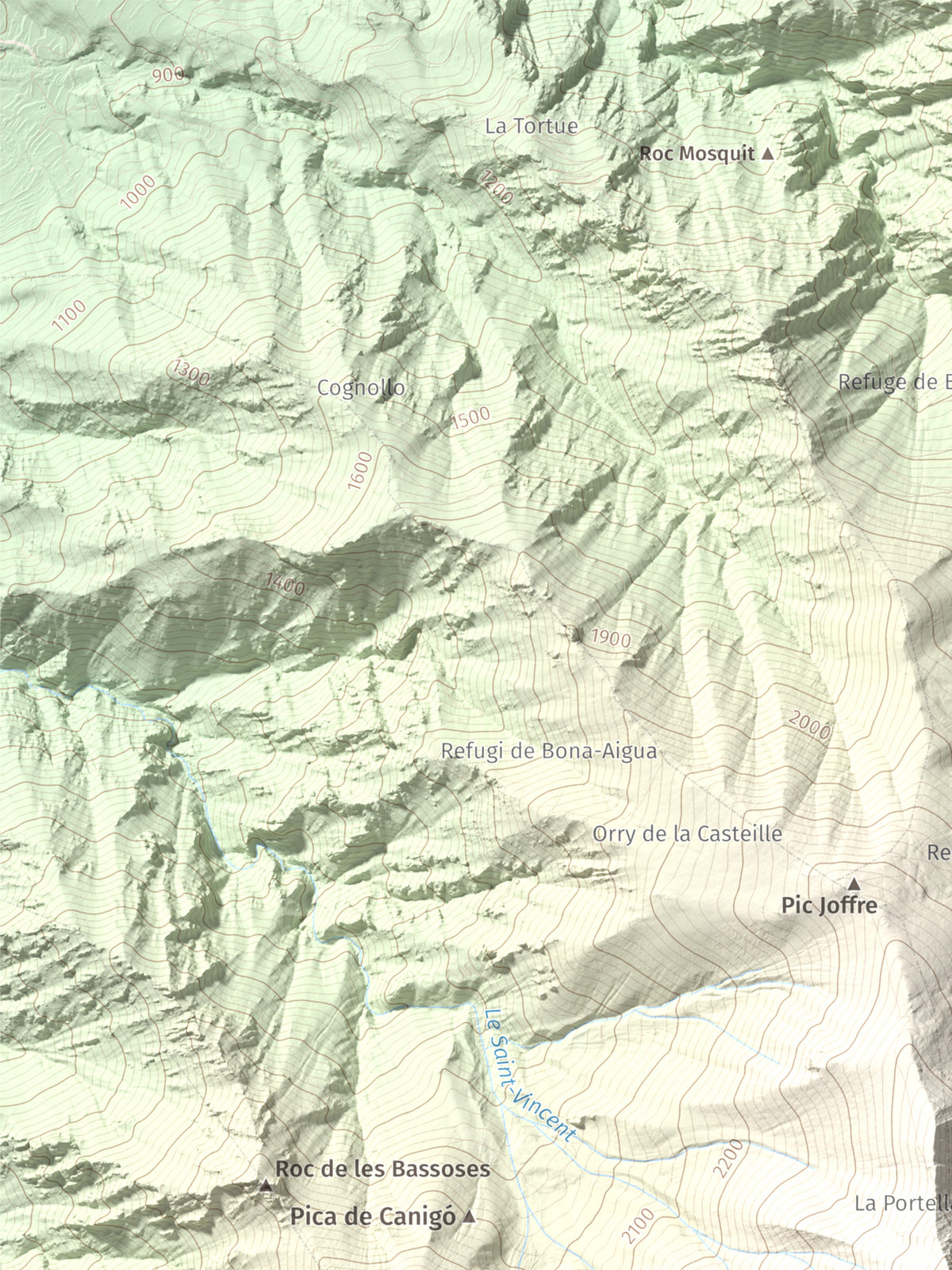 Mapa de relieve de Canigó, 2784 m, Conflent, lámina 100 Cims de Trobart. Detalle de la zona superior izquierda. 30 × 40 cm.