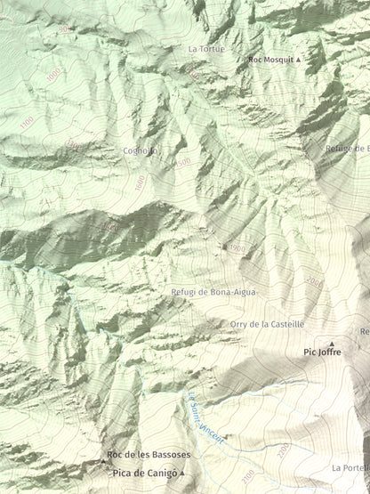 Mapa de relieve de Canigó, 2784 m, Conflent, lámina 100 Cims de Trobart. Detalle de la zona superior izquierda. 30 × 40 cm.