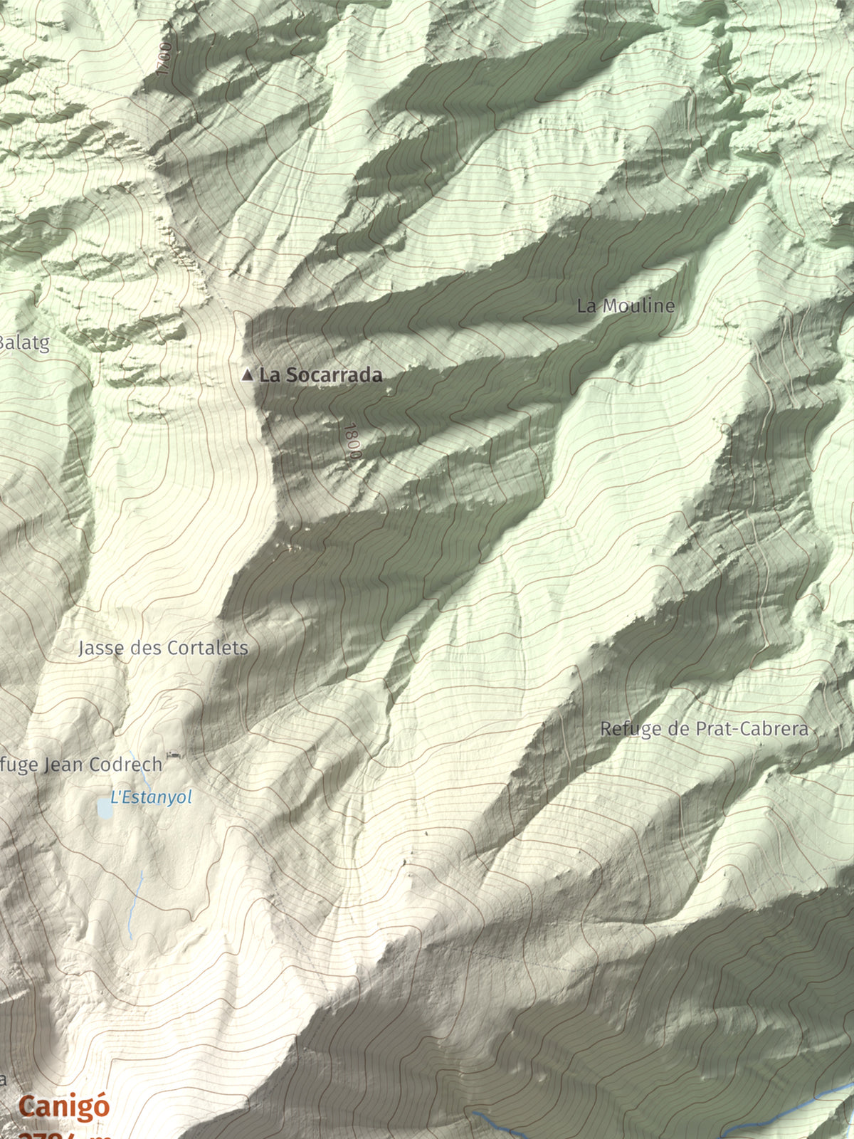 Mapa de relieve de Canigó, 2784 m, Conflent, lámina 100 Cims de Trobart. Detalle de la zona superior derecha. 30 × 40 cm.