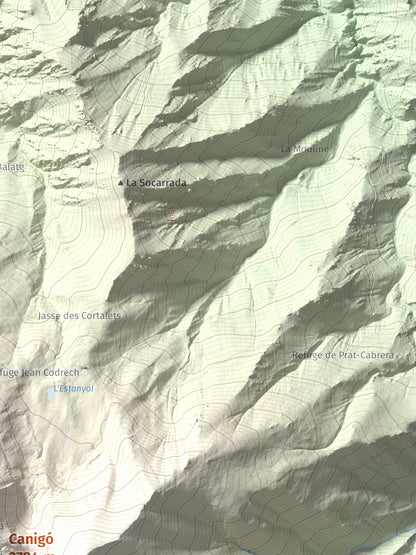 Mapa de relieve de Canigó, 2784 m, Conflent, lámina 100 Cims de Trobart. Detalle de la zona superior derecha. 30 × 40 cm.