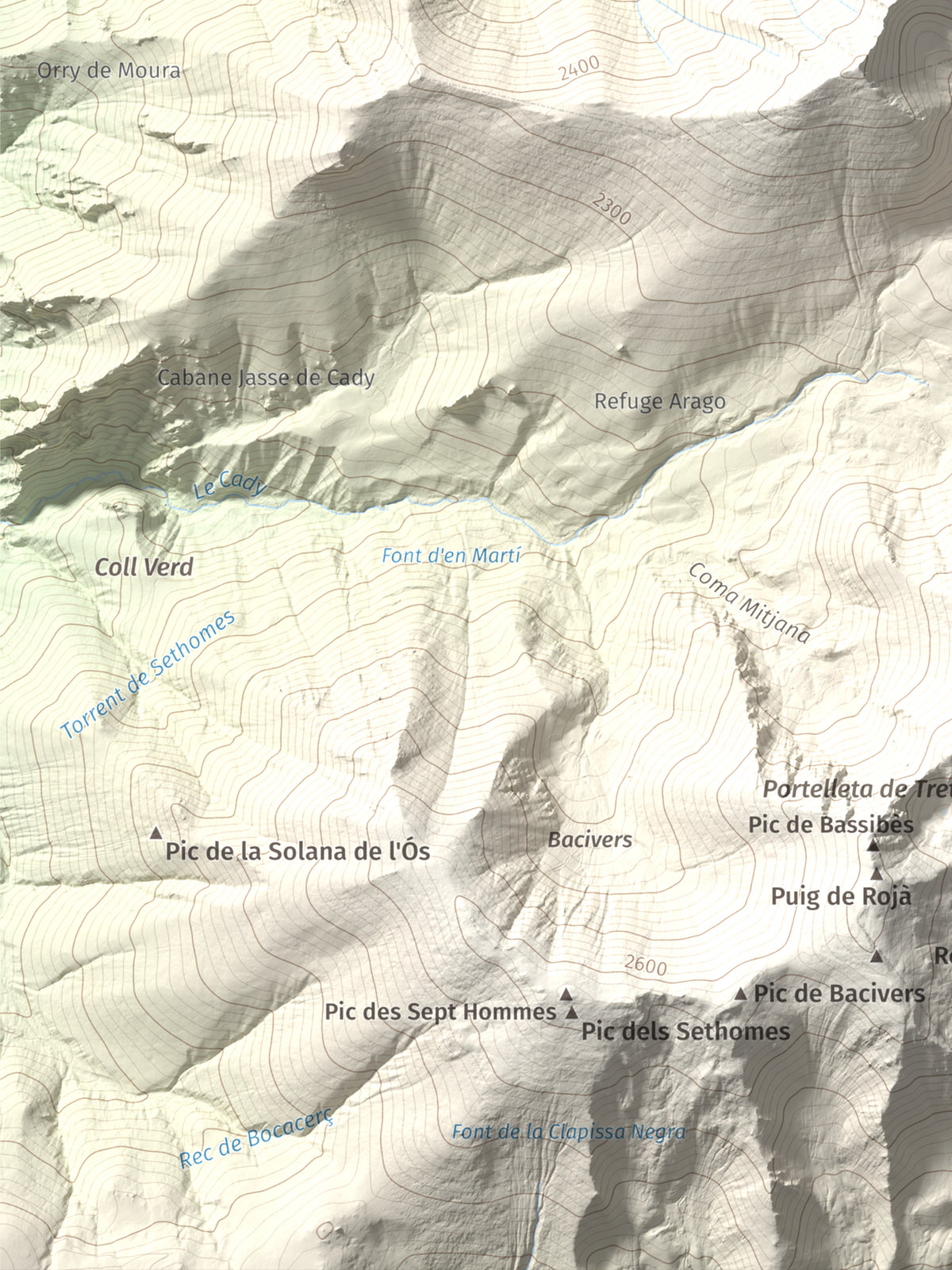 Mapa de relieve de Canigó, 2784 m, Conflent, lámina 100 Cims de Trobart. Detalle de la zona inferior izquierda. 30 × 40 cm.