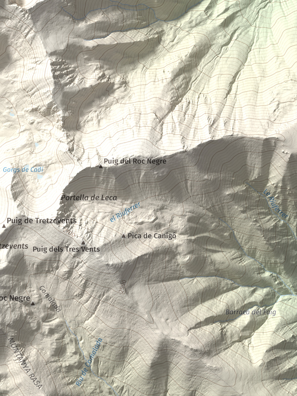 Mapa de relieve de Canigó, 2784 m, Conflent, lámina 100 Cims de Trobart. Detalle de la zona inferior derecha. 30 × 40 cm.