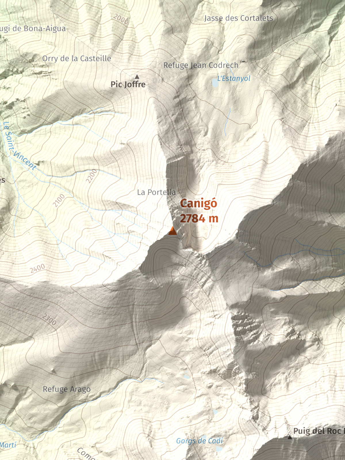 Mapa de relieve de Canigó, 2784 m, Conflent, lámina 100 Cims de Trobart. Detalle de la zona central. 30 × 40 cm.