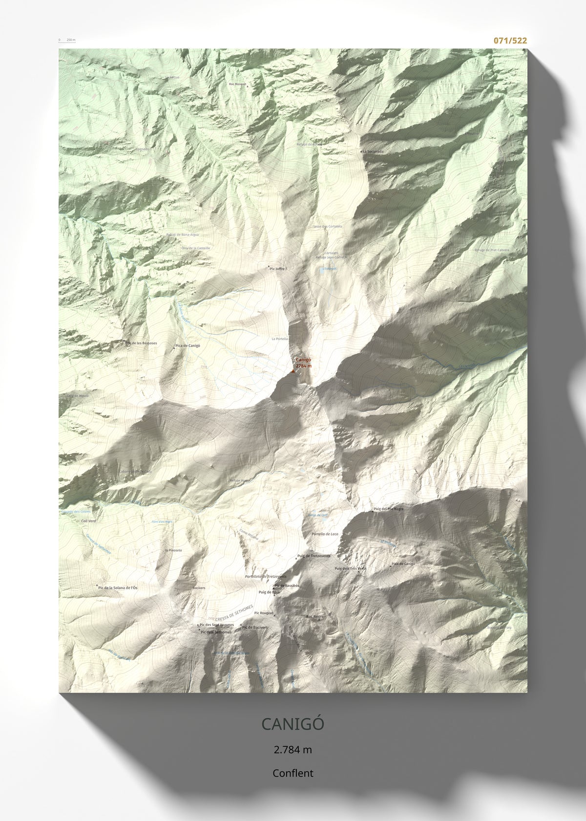 Mapa de relieve de Canigó, 2784 m, Conflent, lámina 100 Cims de Trobart 50 × 70 cm.