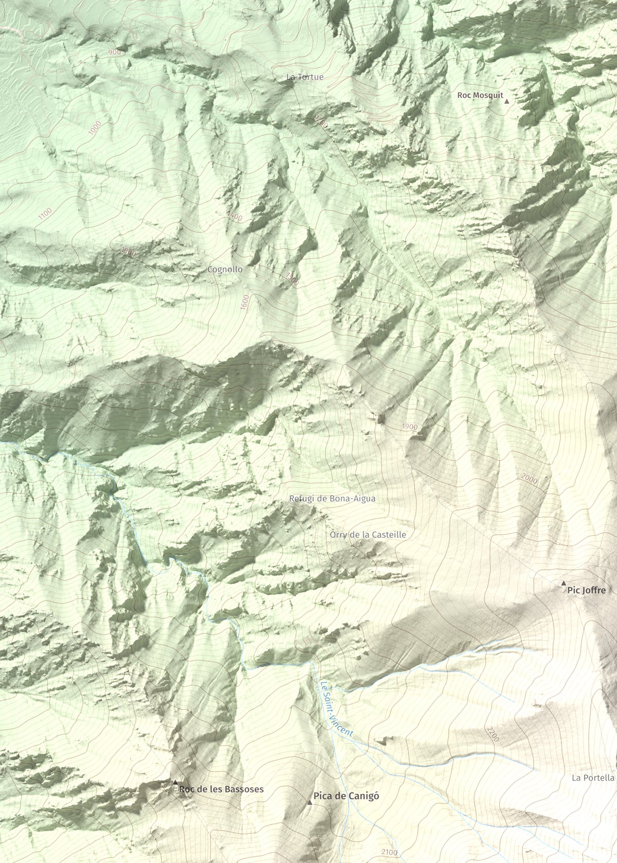 Mapa de relieve de Canigó, 2784 m, Conflent, lámina 100 Cims de Trobart. Detalle de la zona superior izquierda. 50 × 70 cm.