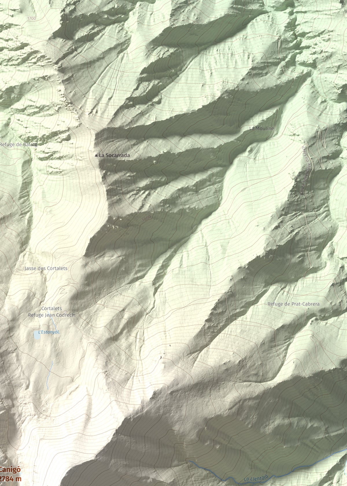 Mapa de relieve de Canigó, 2784 m, Conflent, lámina 100 Cims de Trobart. Detalle de la zona superior derecha. 50 × 70 cm.