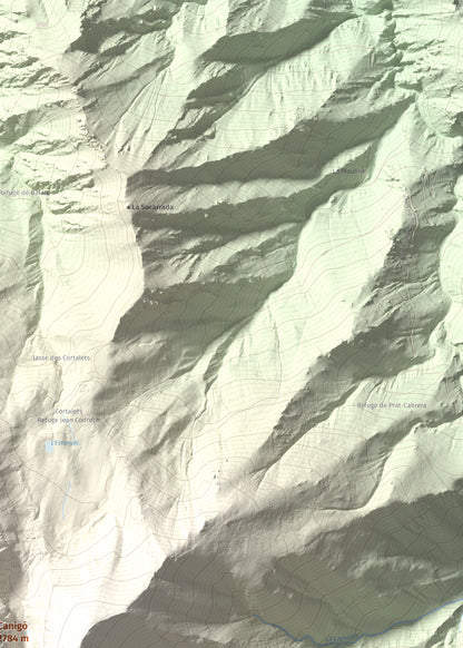 Mapa de relieve de Canigó, 2784 m, Conflent, lámina 100 Cims de Trobart. Detalle de la zona superior derecha. 50 × 70 cm.