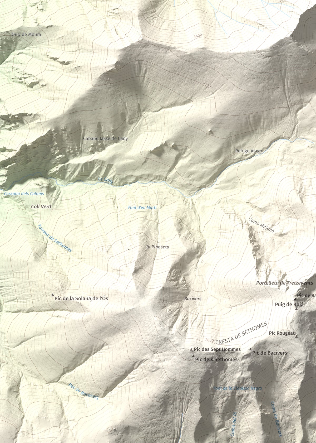 Mapa de relieve de Canigó, 2784 m, Conflent, lámina 100 Cims de Trobart. Detalle de la zona inferior izquierda. 50 × 70 cm.