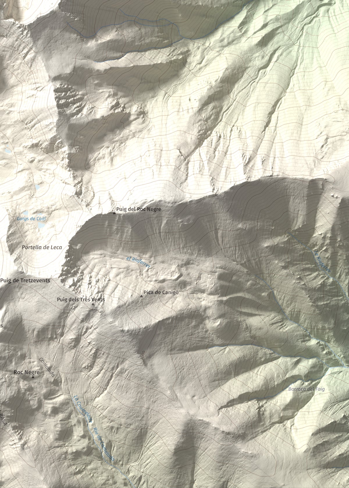 Mapa de relieve de Canigó, 2784 m, Conflent, lámina 100 Cims de Trobart. Detalle de la zona inferior derecha. 50 × 70 cm.