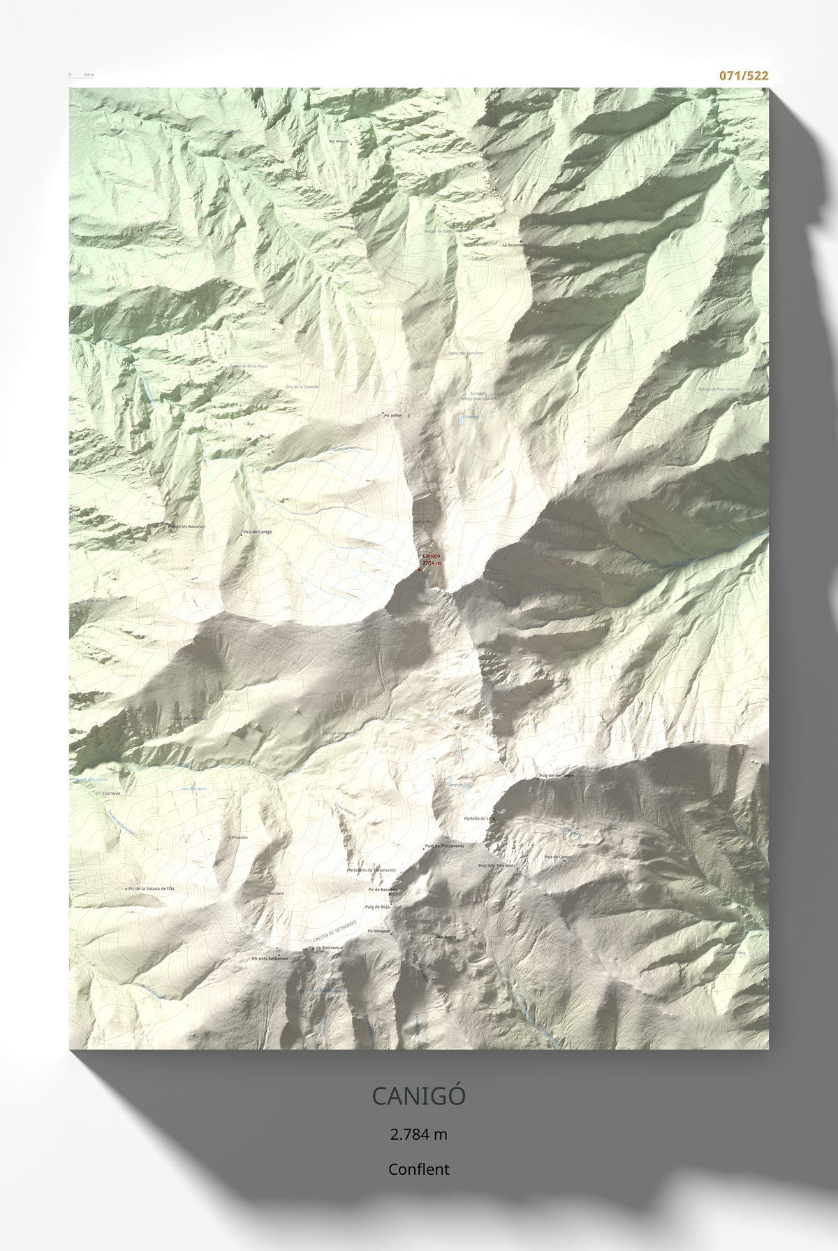 Mapa de relieve de Canigó, 2784 m, Conflent, lámina 100 Cims de Trobart 61 × 91 cm.