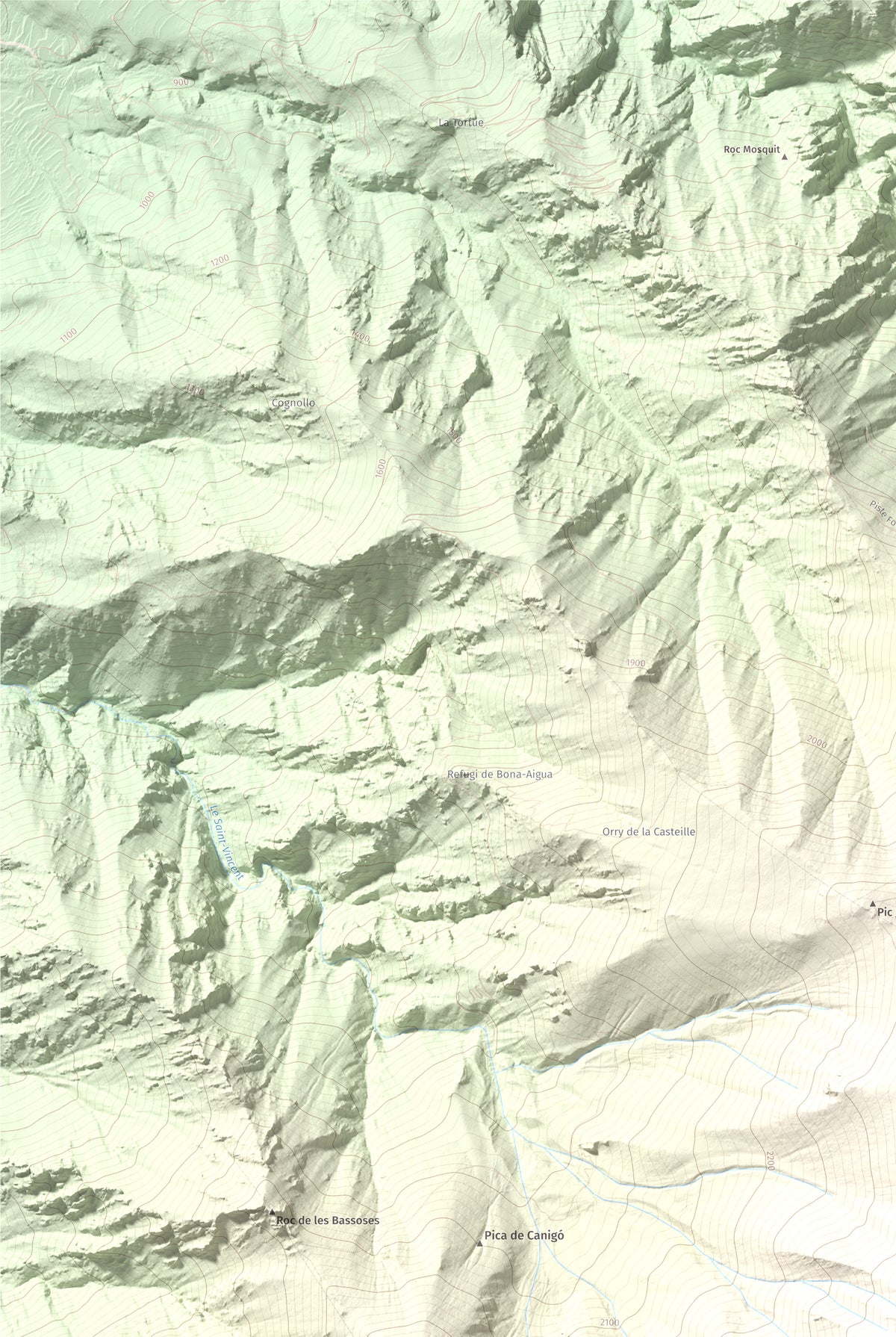 Mapa de relieve de Canigó, 2784 m, Conflent, lámina 100 Cims de Trobart. Detalle de la zona superior izquierda. 61 × 91 cm.