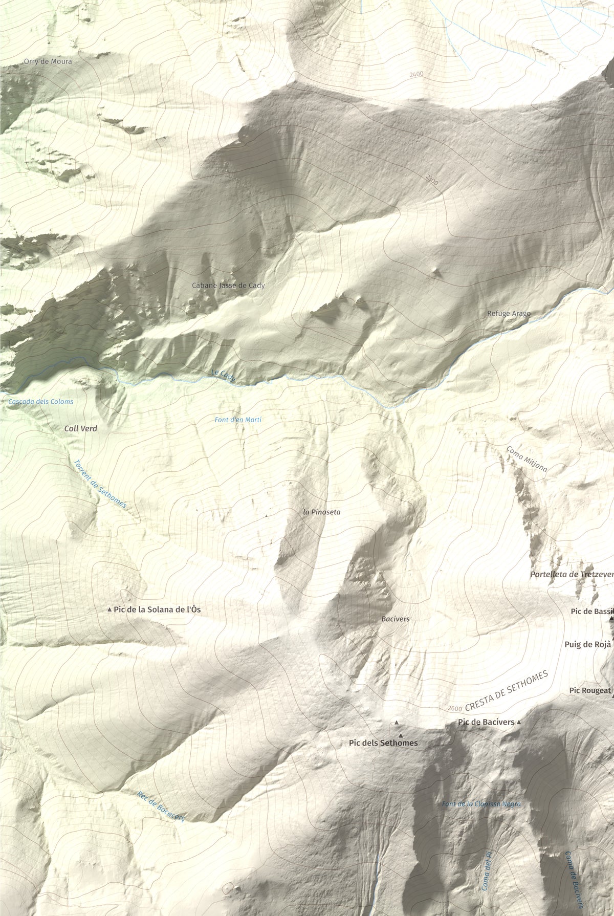 Mapa de relieve de Canigó, 2784 m, Conflent, lámina 100 Cims de Trobart. Detalle de la zona inferior izquierda. 61 × 91 cm.