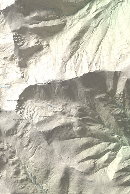 Mapa de relieve de Canigó, 2784 m, Conflent, lámina 100 Cims de Trobart. Detalle de la zona inferior derecha. 61 × 91 cm.