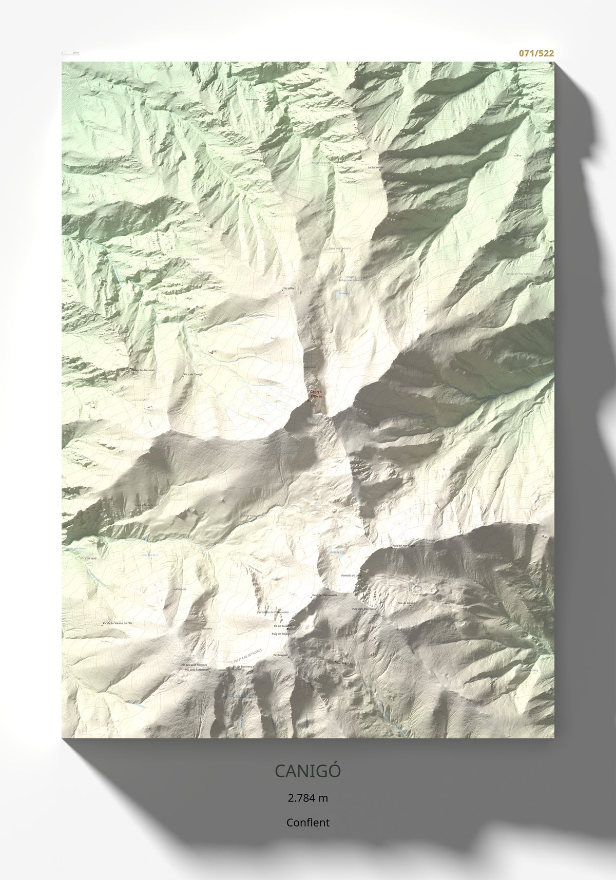 Mapa de relieve de Canigó, 2784 m, Conflent, lámina 100 Cims de Trobart 70 × 100 cm.