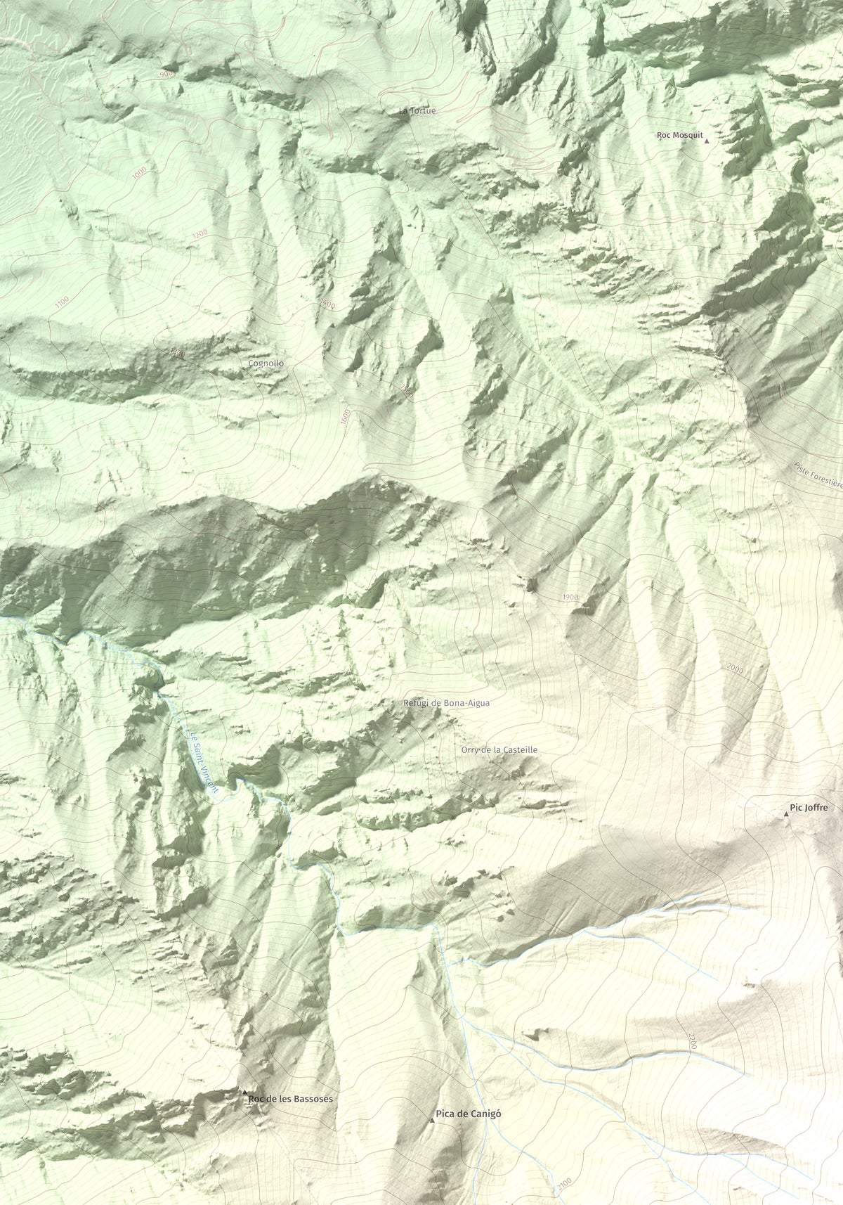 Mapa de relieve de Canigó, 2784 m, Conflent, lámina 100 Cims de Trobart. Detalle de la zona superior izquierda. 70 × 100 cm.
