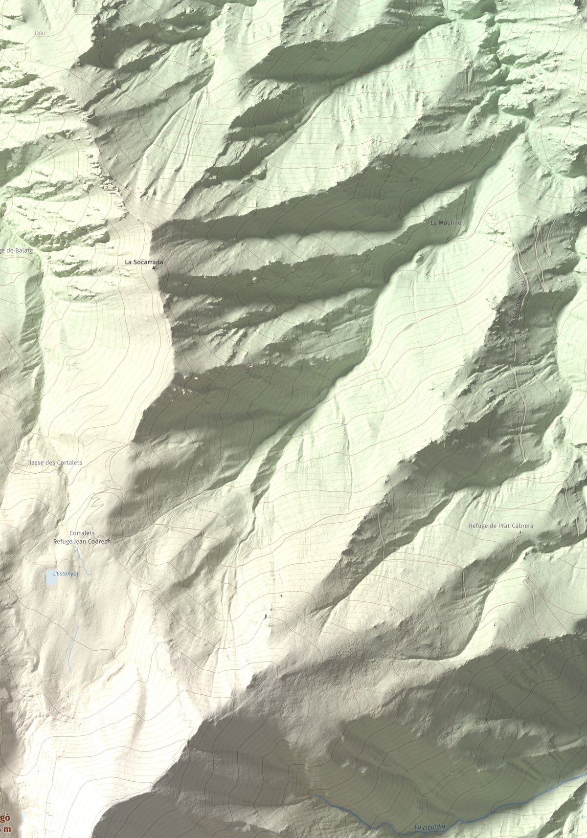 Mapa de relieve de Canigó, 2784 m, Conflent, lámina 100 Cims de Trobart. Detalle de la zona superior derecha. 70 × 100 cm.