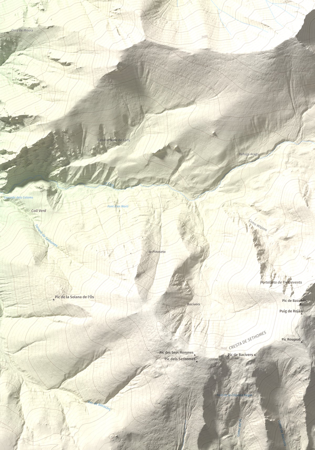 Mapa de relieve de Canigó, 2784 m, Conflent, lámina 100 Cims de Trobart. Detalle de la zona inferior izquierda. 70 × 100 cm.