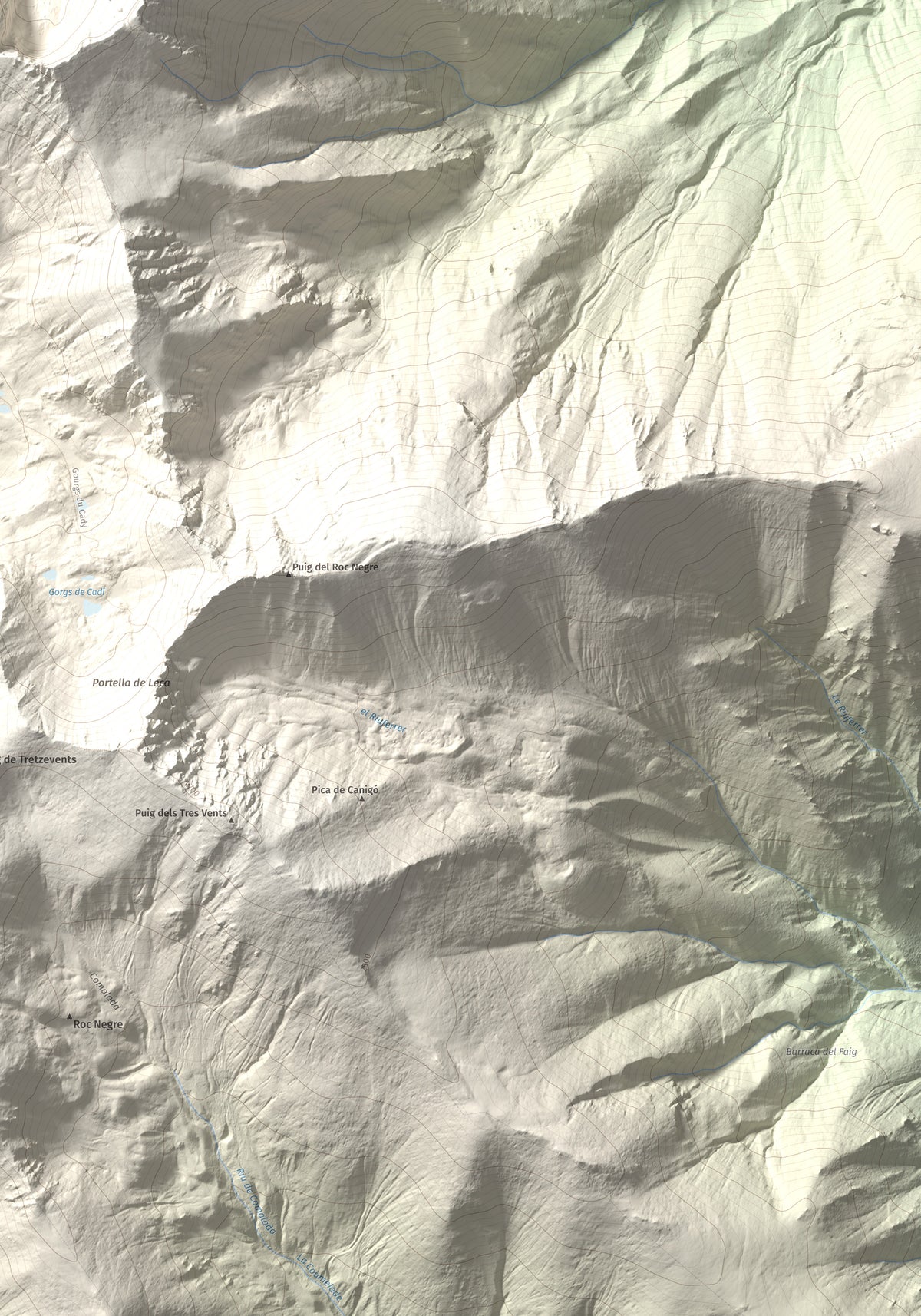 Mapa de relieve de Canigó, 2784 m, Conflent, lámina 100 Cims de Trobart. Detalle de la zona inferior derecha. 70 × 100 cm.