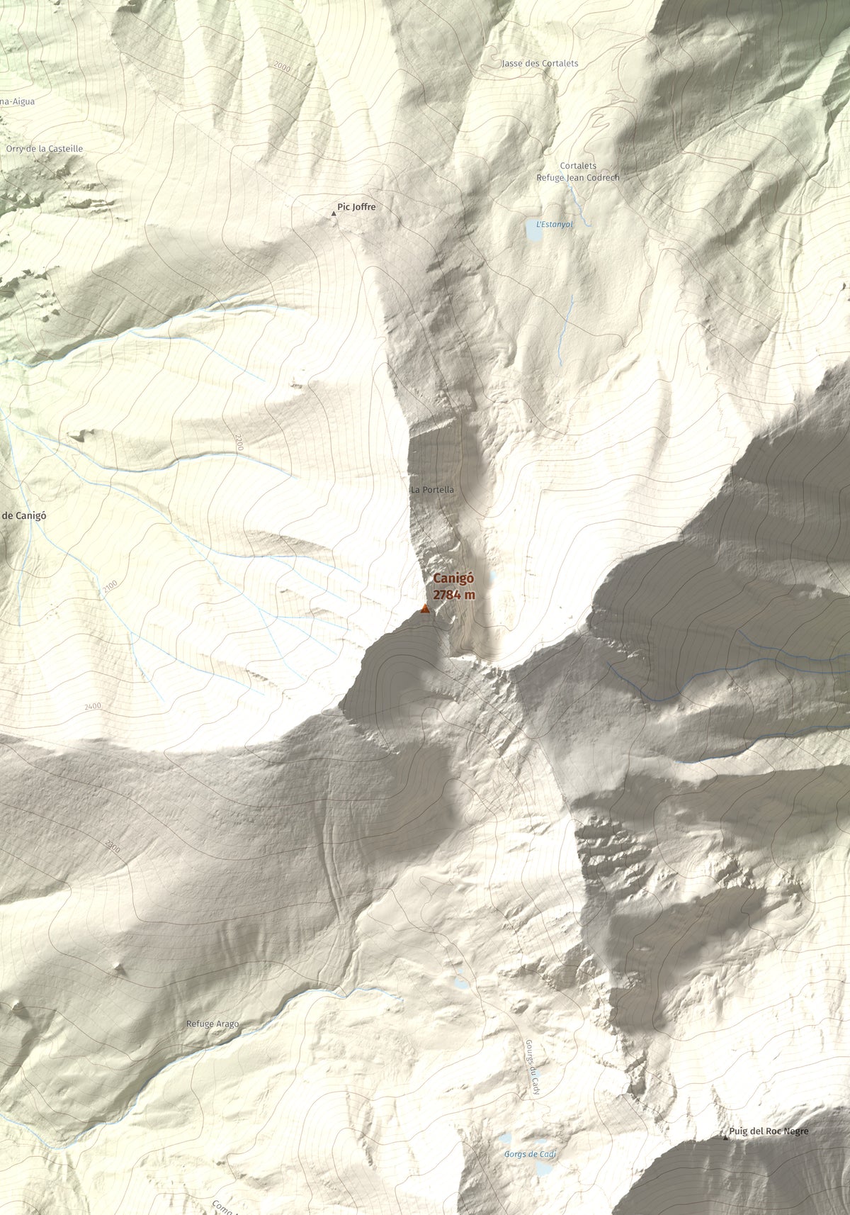 Mapa de relieve de Canigó, 2784 m, Conflent, lámina 100 Cims de Trobart. Detalle de la zona central. 70 × 100 cm.