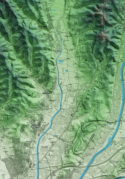 Mapa artístico del relieve de Canovelles, al Vallès Oriental, con 15 km de entorno y base topográfica ICGC. Detalle de la zona inferior izquierda.