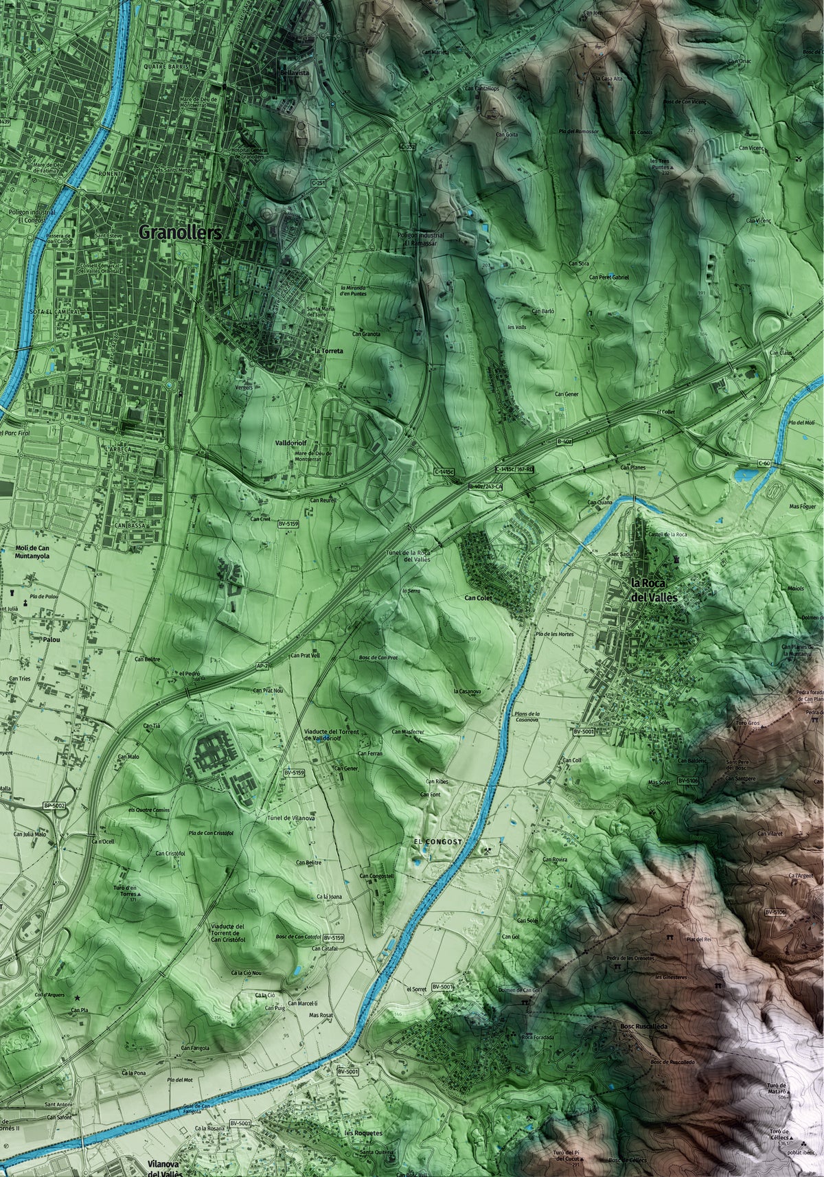 Mapa artístico del relieve de Canovelles, al Vallès Oriental, con 15 km de entorno y base topográfica ICGC. Detalle de la zona inferior derecha.