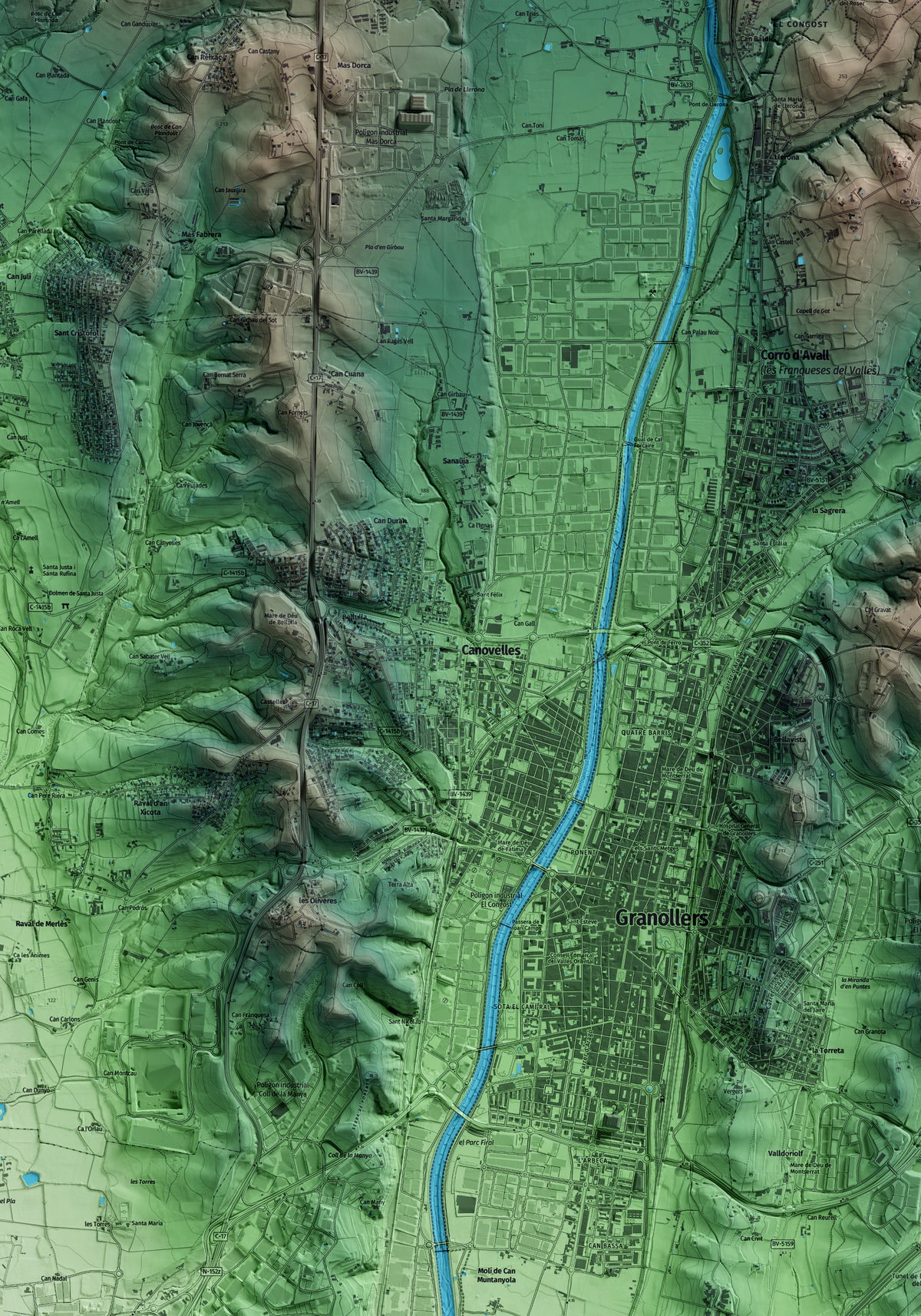 Mapa artístico del relieve de Canovelles, al Vallès Oriental, con 15 km de entorno y base topográfica ICGC. Detalle de la zona central.