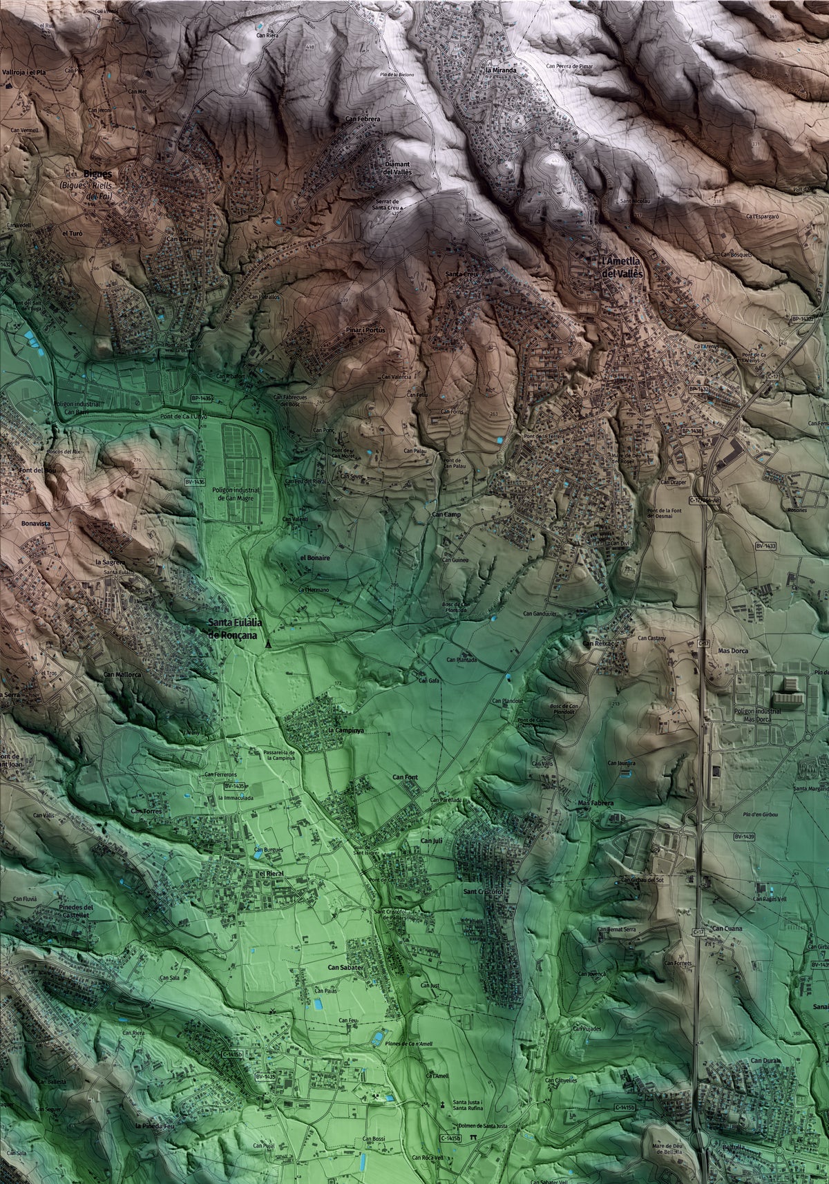 Mapa artístico del relieve de Canovelles, al Vallès Oriental, con 15 km de entorno y base topográfica ICGC. Detalle de la zona superior izquierda.