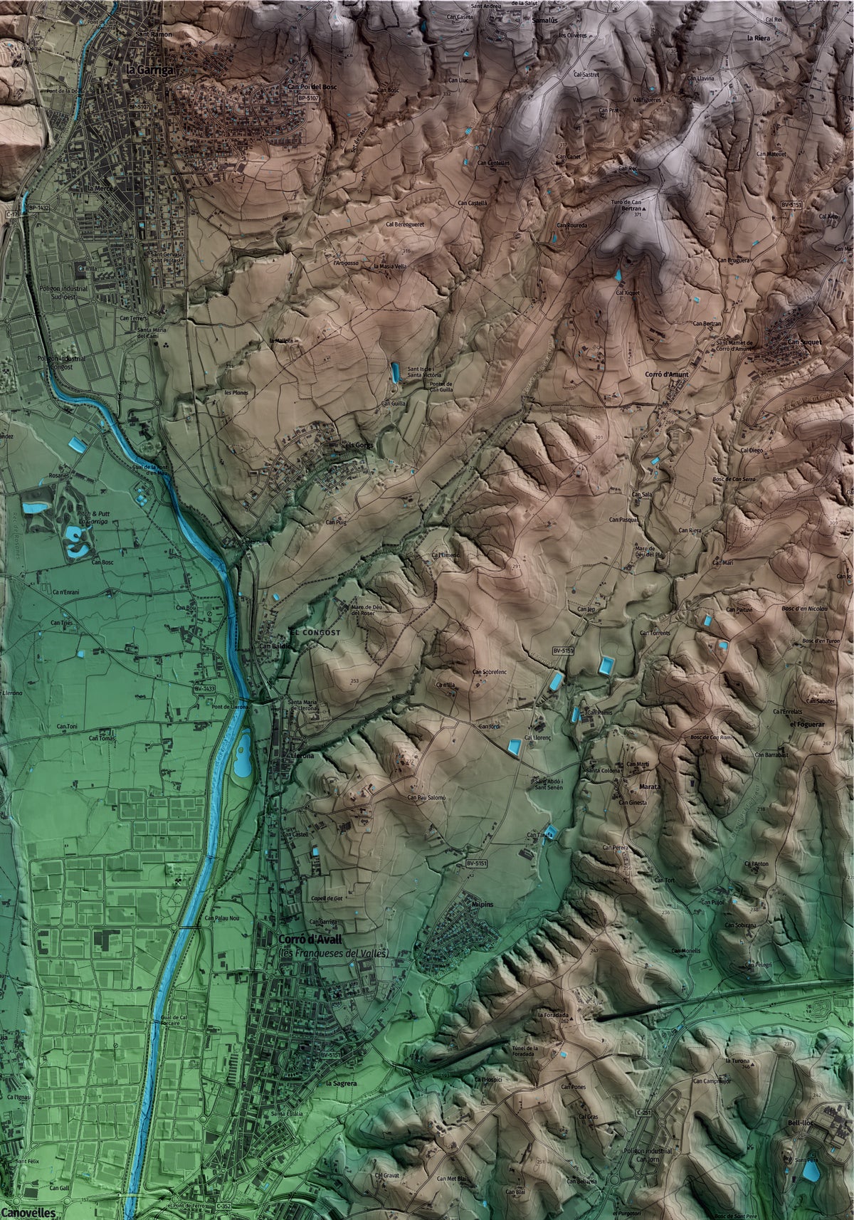 Mapa artístico del relieve de Canovelles, al Vallès Oriental, con 15 km de entorno y base topográfica ICGC. Detalle de la zona superior derecha.