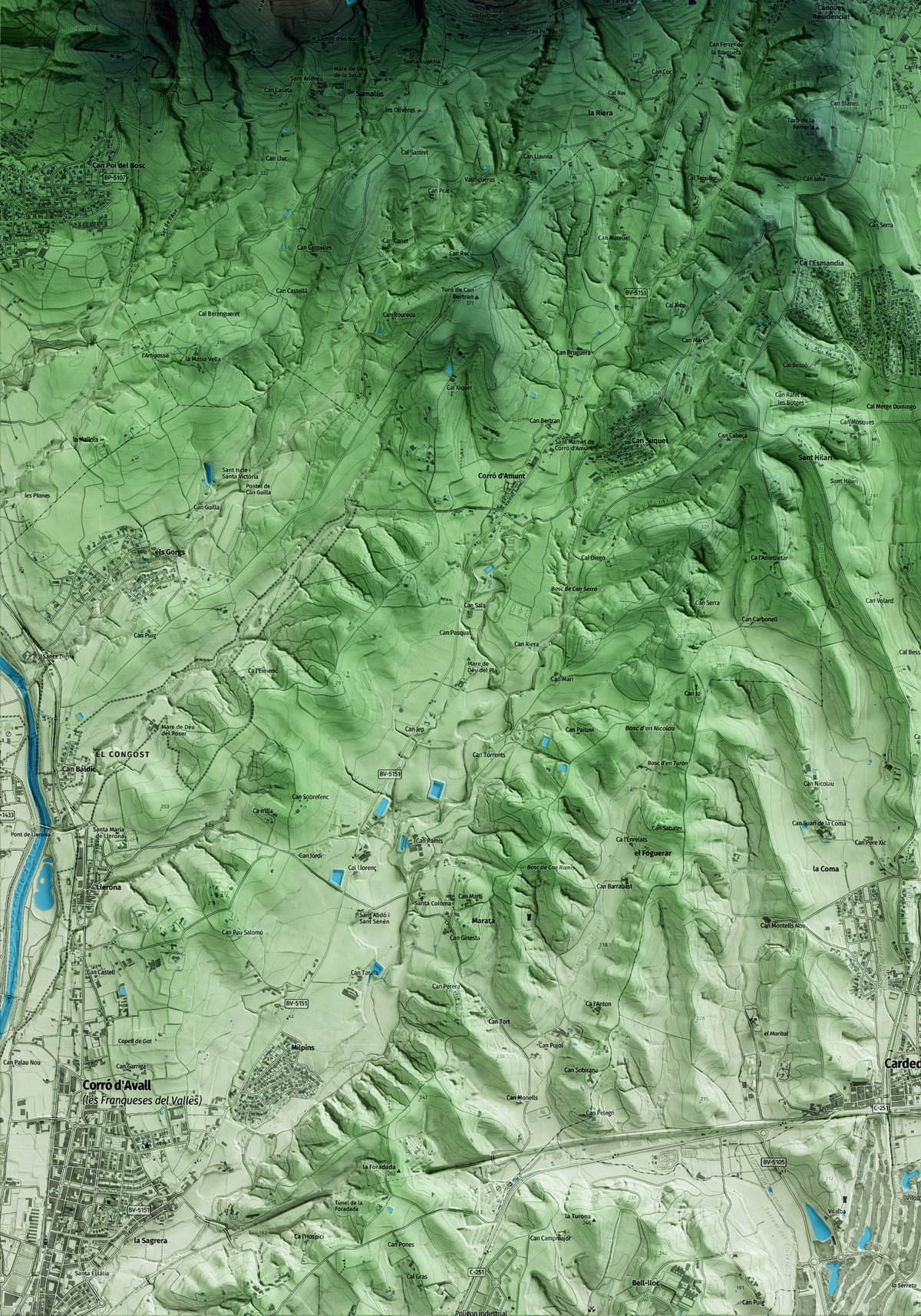 Mapa artístico del relieve de Cànoves i Samalús, al Vallès Oriental, con 15 km de entorno y base topográfica ICGC. Detalle de la zona inferior izquierda.
