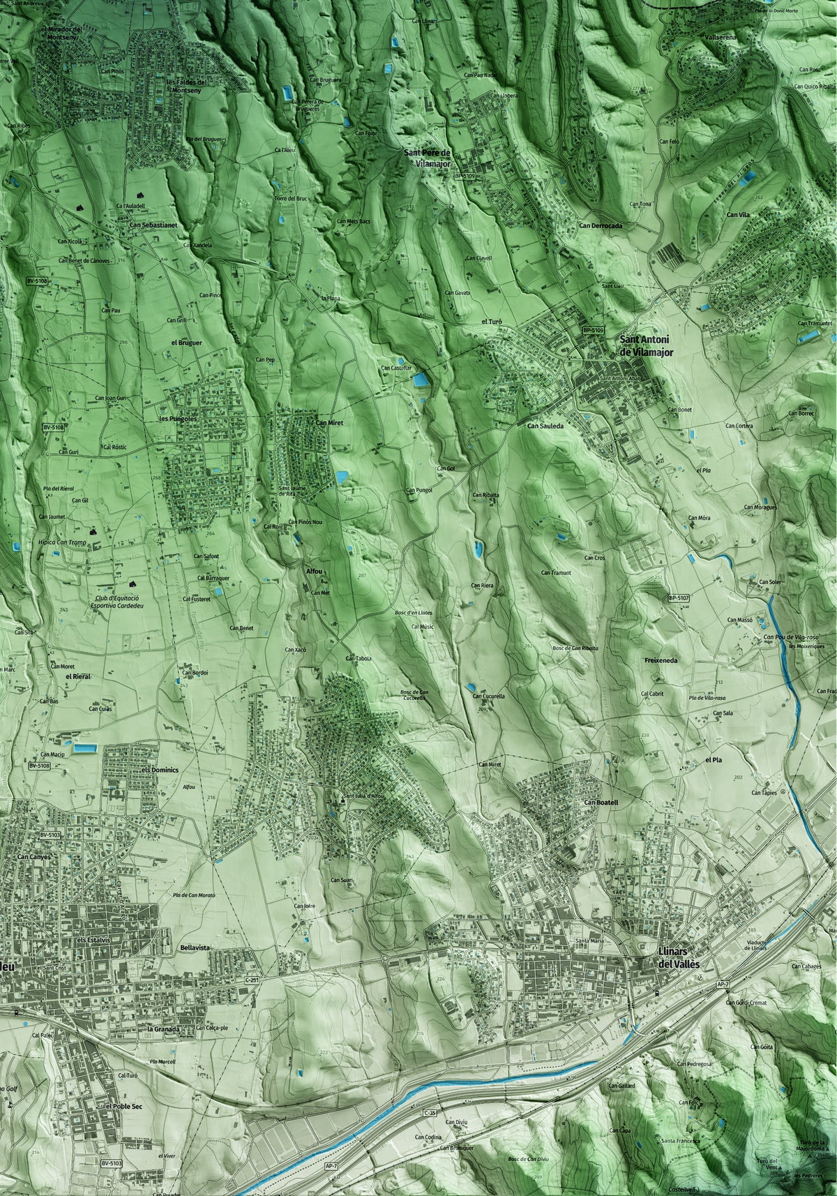 Mapa artístico del relieve de Cànoves i Samalús, al Vallès Oriental, con 15 km de entorno y base topográfica ICGC. Detalle de la zona inferior derecha.