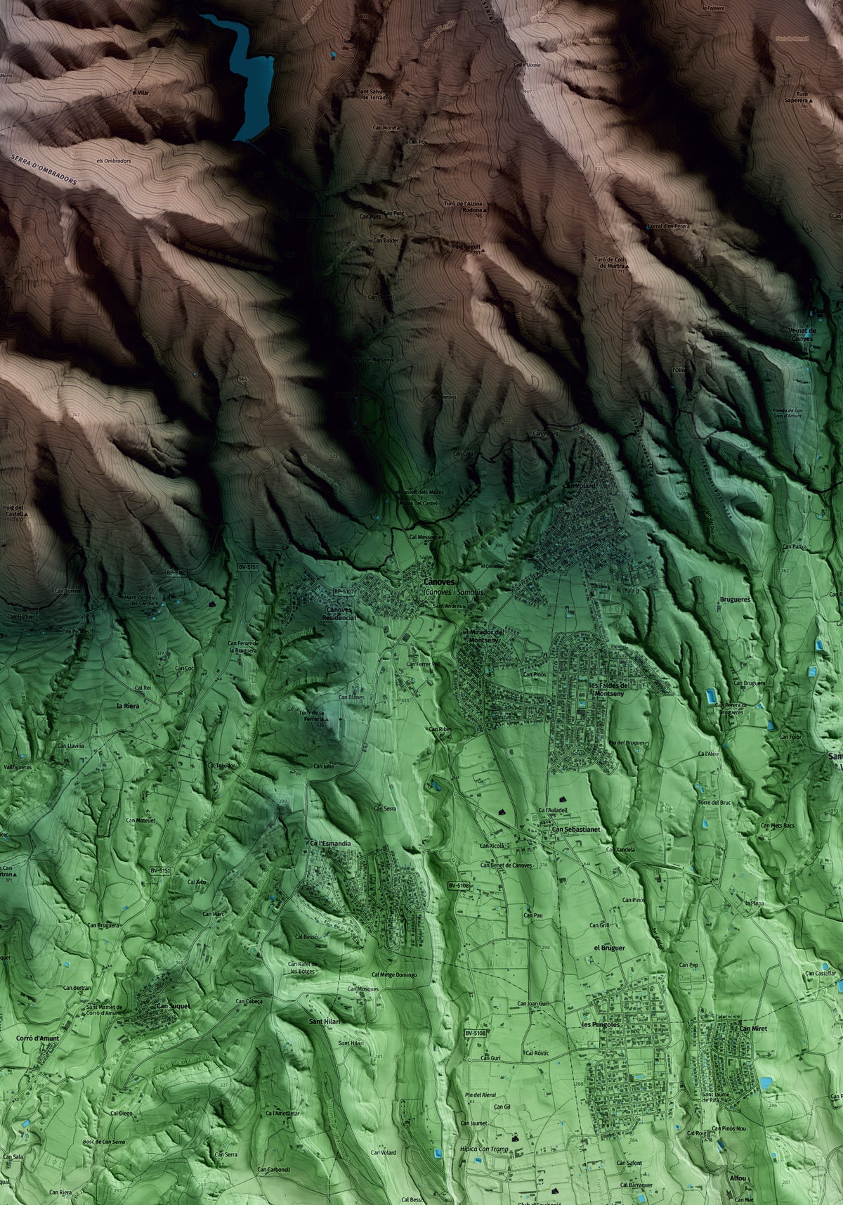 Mapa artístico del relieve de Cànoves i Samalús, al Vallès Oriental, con 15 km de entorno y base topográfica ICGC. Detalle de la zona central.