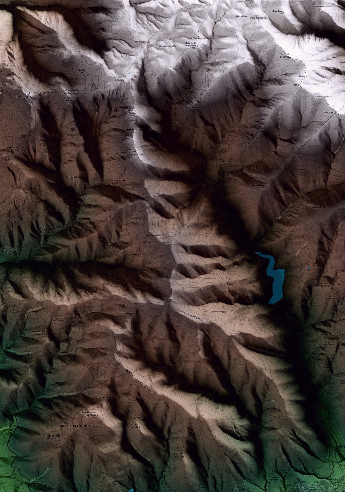Mapa artístico del relieve de Cànoves i Samalús, al Vallès Oriental, con 15 km de entorno y base topográfica ICGC. Detalle de la zona superior izquierda.
