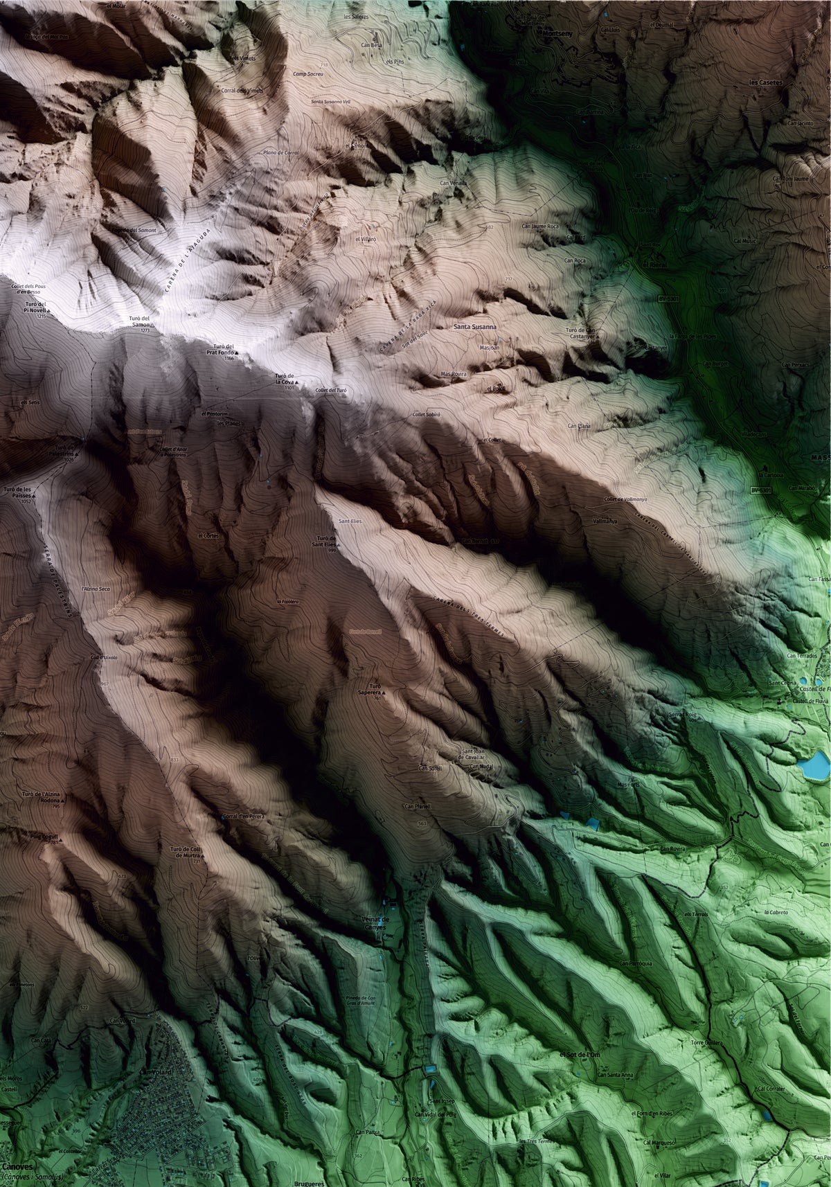Mapa artístico del relieve de Cànoves i Samalús, al Vallès Oriental, con 15 km de entorno y base topográfica ICGC. Detalle de la zona superior derecha.