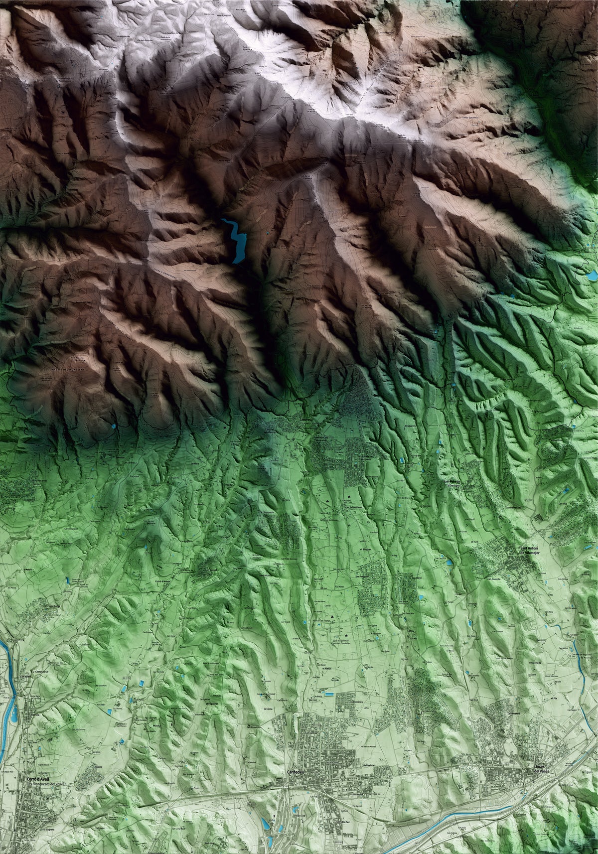 Mapa artístico del relieve de Cànoves i Samalús, al Vallès Oriental, con 15 km de entorno y base topográfica ICGC