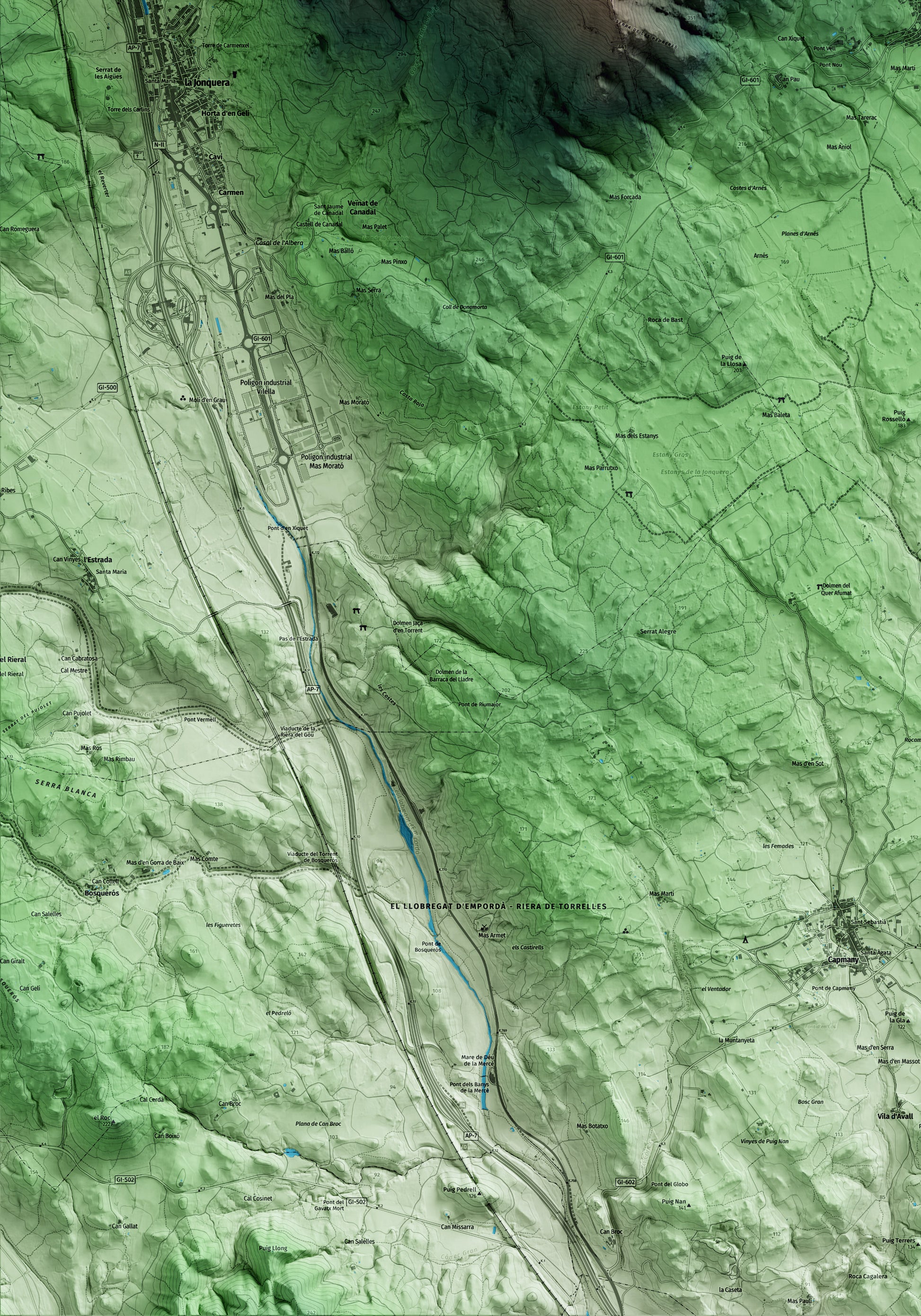 Mapa artístico del relieve de Cantallops, al Alt Empordà, con 15 km de entorno y base topográfica ICGC. Detalle de la zona inferior izquierda.