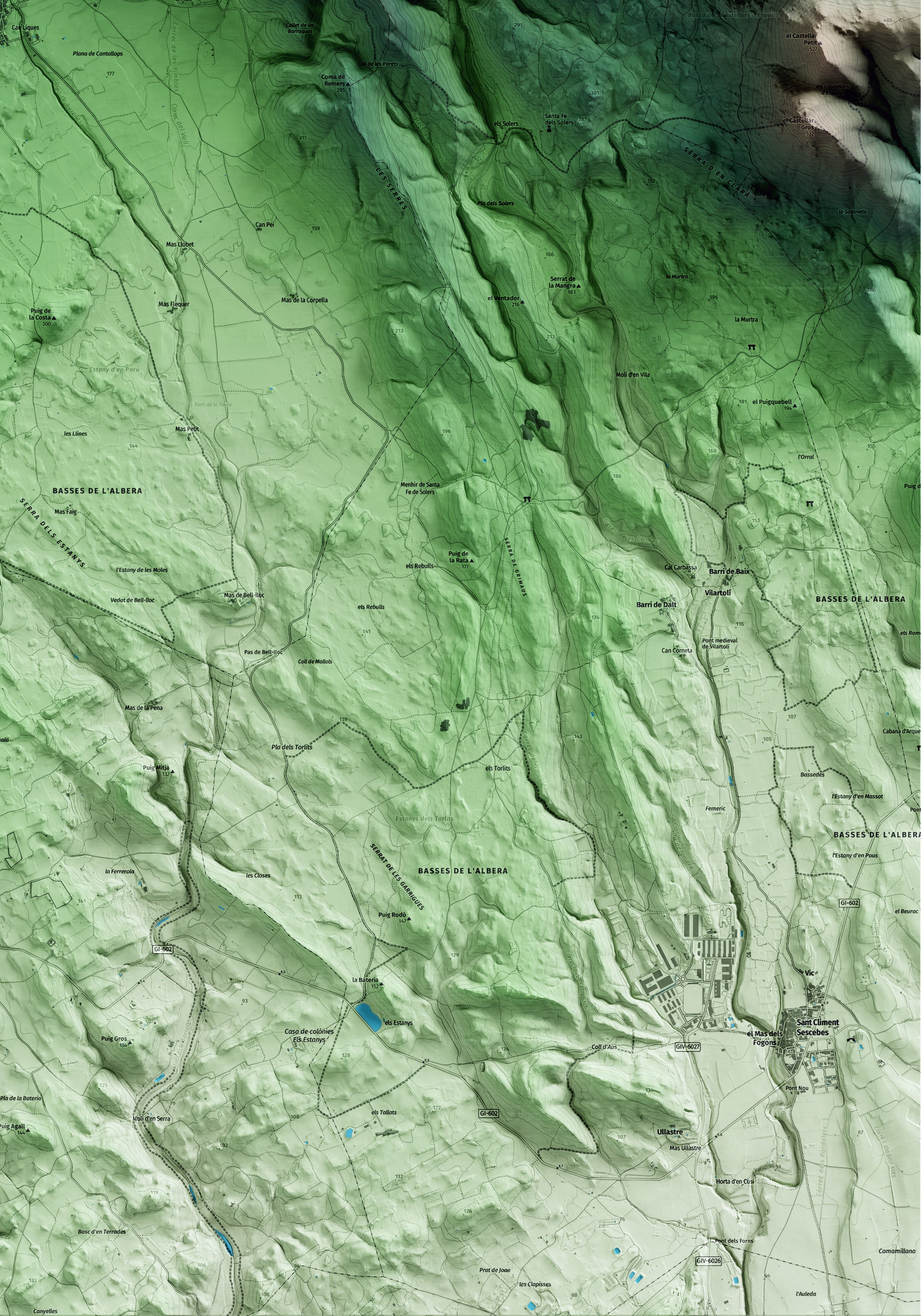 Mapa artístico del relieve de Cantallops, al Alt Empordà, con 15 km de entorno y base topográfica ICGC. Detalle de la zona inferior derecha.