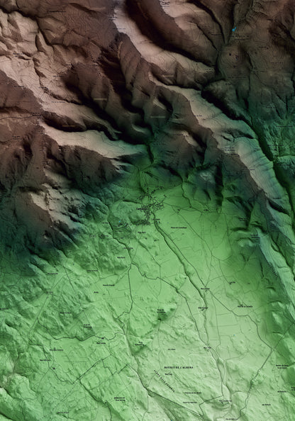 Mapa artístico del relieve de Cantallops, al Alt Empordà, con 15 km de entorno y base topográfica ICGC. Detalle de la zona central.