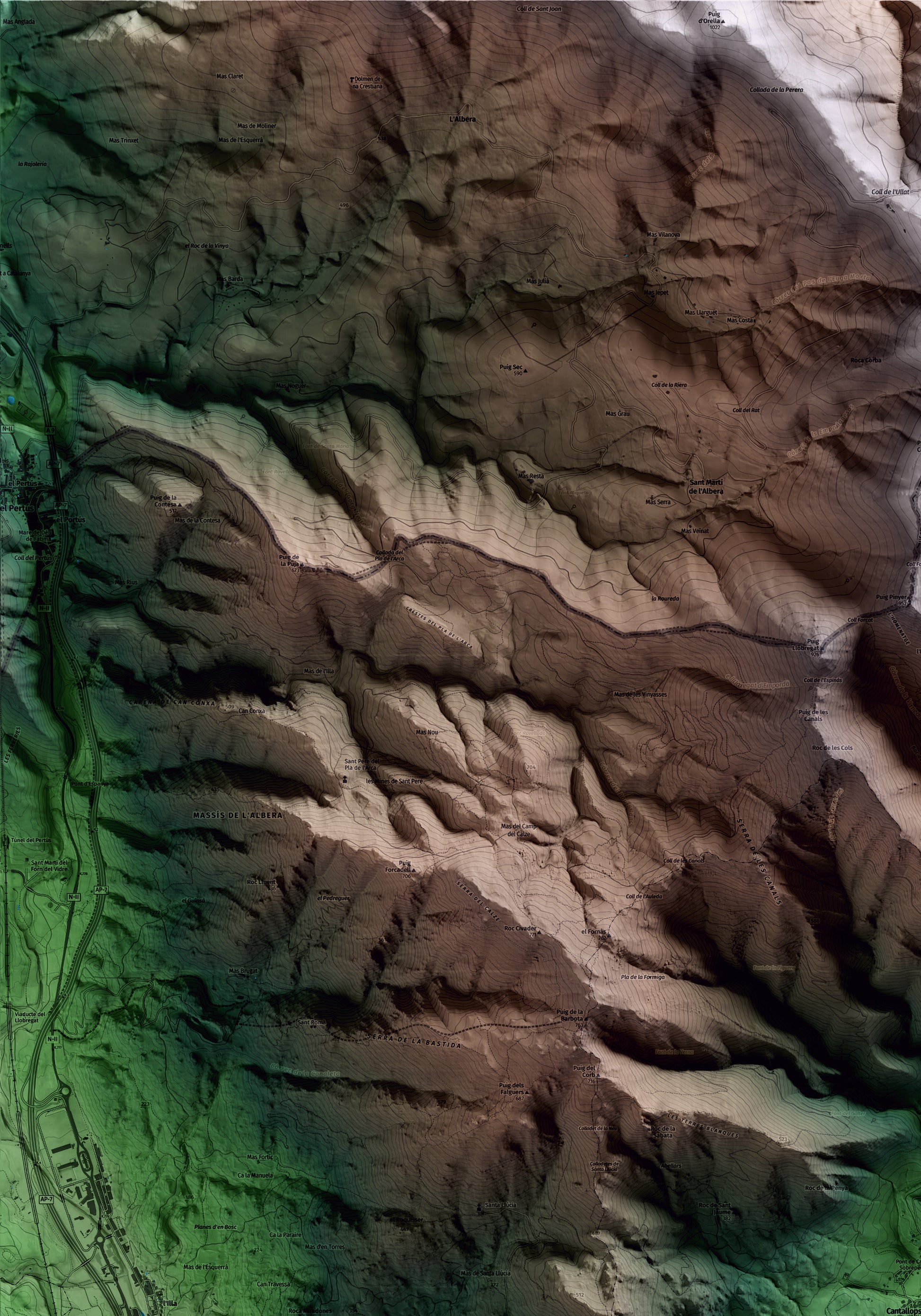 Mapa artístico del relieve de Cantallops, al Alt Empordà, con 15 km de entorno y base topográfica ICGC. Detalle de la zona superior izquierda.